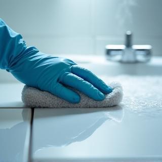 Deep cleaning in progress, cleaner scrubing bathroom
