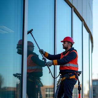 Technician cleaning exterior windows in Manchester